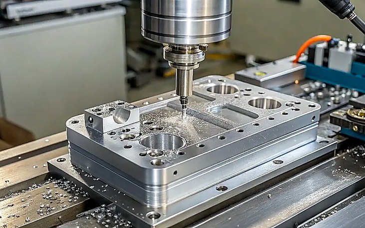 End mill cutting a mould cavity in an aluminium plate on a 4-axis machining centre